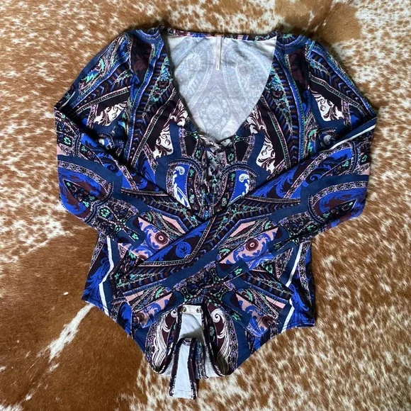 Free People Blue Paisley lace up bodysuit - Picture 8 of 12